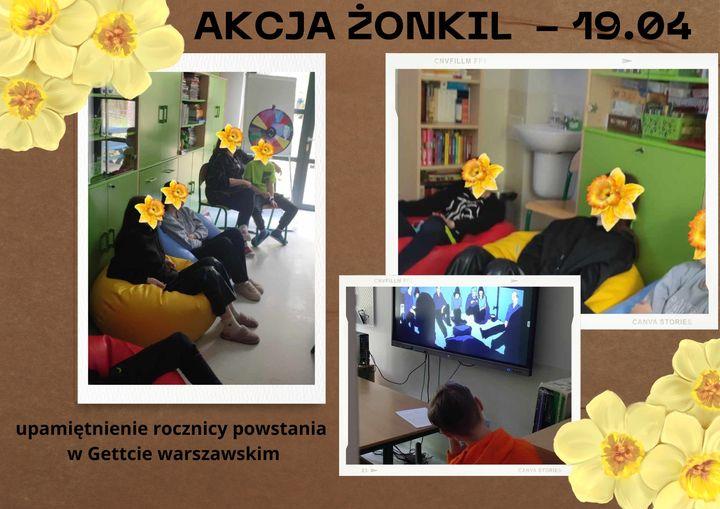 Jak co roku 19 kwietnia uczniowie naszej szkoły wzięli udział w Akcji Żonkil, czyli upamiętnieniu rocznicy powstania w Gettcie warszawskim. Wspólnie z nauczycielami historii obejrzeli film opatrzony komentarzami powstańców, a następnie wykonali zadania związane z tematem zajęć.
