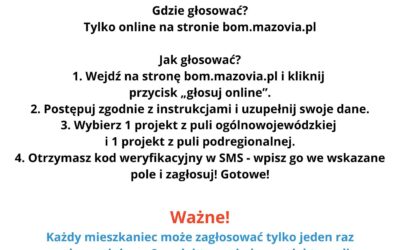 29.05.24 ruszyło głosowanie na projekty w Budżecie Obywatelskim Mazowsza 2024. Wszystkich z Was, którzy jesteście mieszkańcami Mazowsza, prosimy o zagłosowanie na nasz projekt 298. EDUKACYJNO-REKREACYJNY OGRÓD POD SOSNAMI. Na załączonych zdjęciach znajdziecie informacje dotyczące głosowania. Bardzo nas cieszy, że dzieci również mają prawo głosu. Potrzebują tylko pomocy opiekuna prawnego. Wygrajmy razem, aby czas spędzany w naszej przyszpitalnej szkole mógł być jeszcze przyjemniejszy! A może uda Wam się zachęcić do głosowania znajomych z Mazowsza? Wszystkim z Was, którzy postanowią zagłosować lub zachęcić do głosowania kogoś , kto może to zrobić…. BARDZO DZIĘKUJEMY!!!! Działajcie. Wygrajmy! Udostępniajcie – Niech całe Mazowsze pozna możliwość zagłosowania na nasz projekt!