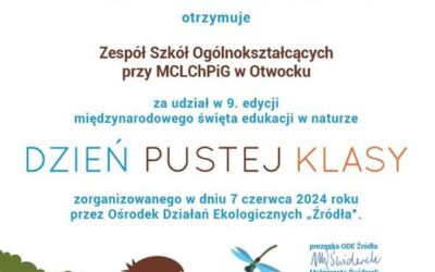 W zeszłym tygodniu dobrze się bawiliśmy w ramach #dzienpustejklasy2024 . Jak już wiecie była #frajdazdaramilasu i między innymi #roślinnetatuaże oraz wiele innych atrakcji w ramach #lekcjewterenie.  A wszystko to dzięki akcji zorganizowanej przez Ośrodek Działań Ekologicznych „Źródła”, który właśnie przesłał nam certyfikat. Ośrodek Działań Ekologicznych „Źródła”Jeszcze raz Wam dziękujemy za wszystkie propozycje spędzania czasu poza budynkiem szkoły w związku z #dzienpustejklasy2024.