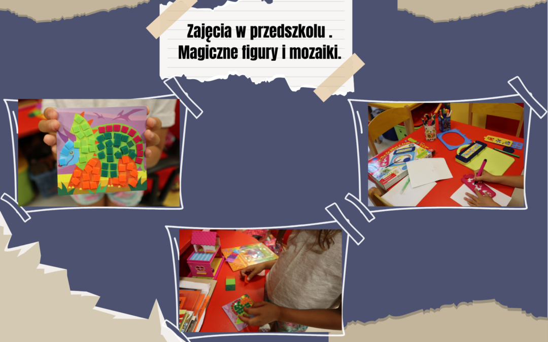Wakacyjne zajęcia w przedszkolu. Dzieci odwzorowują figury geometryczne i tworzą piękne mozaiki.