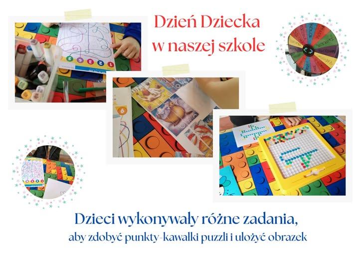 Jeszcze jedna wzmianka o świętowaniu Dnia Dziecka 🙂 – Zabaw było wiele. Oto jedna z atrakcji. Dzieci wykonywały różne zadania, aby zdobyć punkty-kawałki puzzli i ułożyć obrazek.